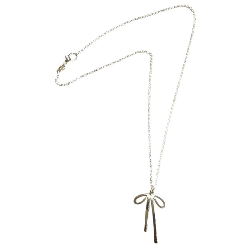 Dainty‎ Minimalist Silver Ribbon Bow Pendant Necklace, 22” Long, Handmade
